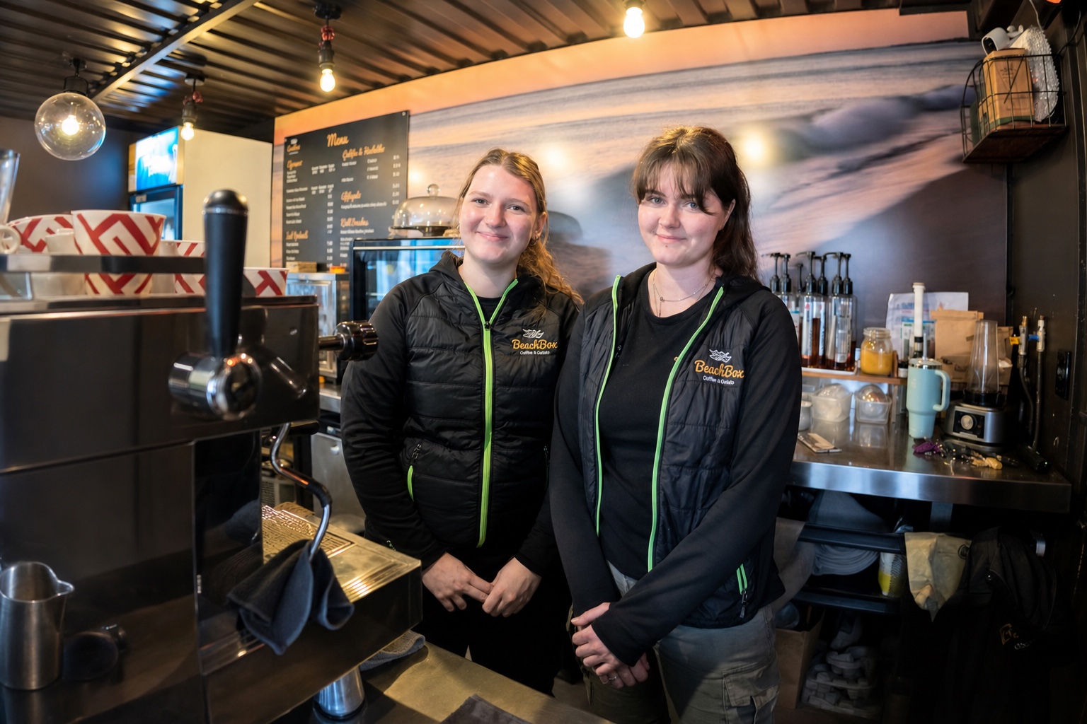 BeachBox team members Arna and Jacinta behind the coffee machine